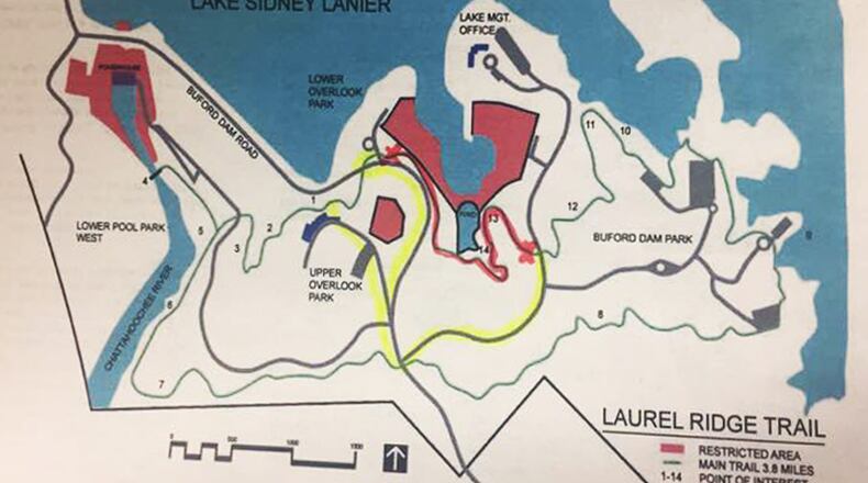 The portion of Lake Lanier’s Laurel Ridge Trail marked in red is closed to hikers due to fall/slip hazards and tree removal. Two recommended alternate routes are marked in yellow. U.S. ARMY CORPS OF ENGINEERS