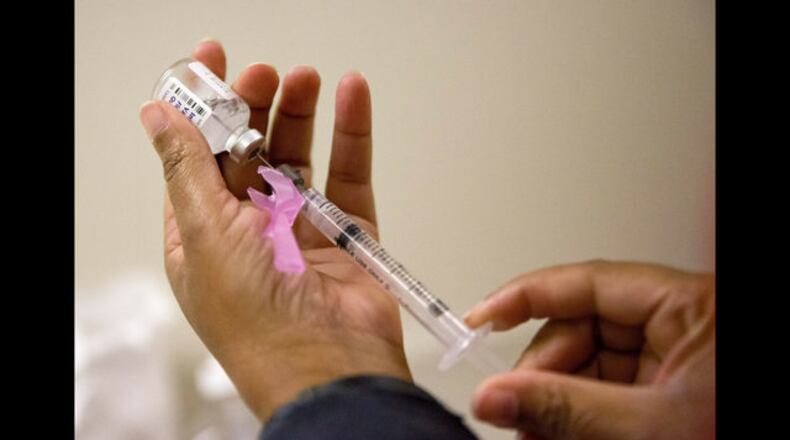 <p> FILE - In this Feb. 7, 2018 file photo, a nurse prepares a flu shot at the Salvation Army in Atlanta. The flu forecast is cloudy and it’s too soon to know if the U.S. is in for a third miserable season in a row, but health officials said Thursday, Sept. 26, 2019 not to delay vaccination. (AP Photo/David Goldman, File) </p>