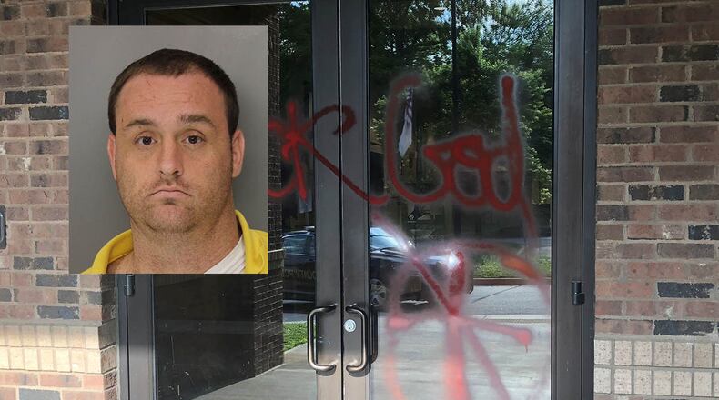 Clint Vance, whose mugshot is shown here, is accused of vandalizing churches in Cobb County, some of which is also shown here.