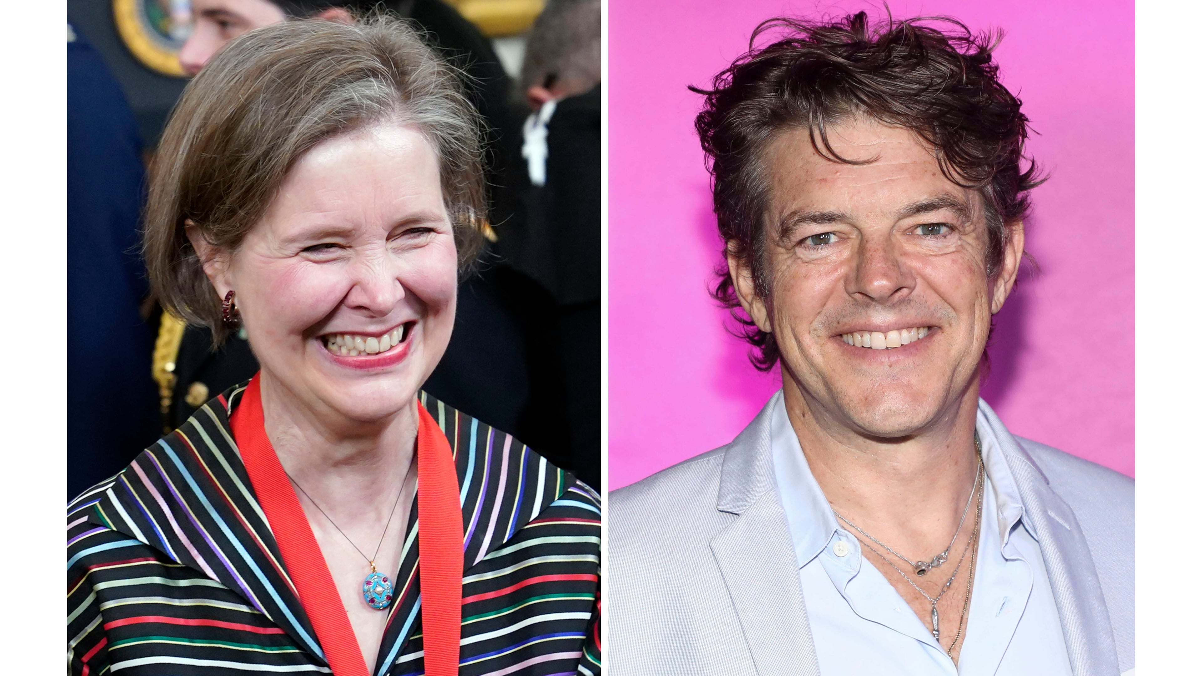 Ann Patchett appears at the 2021 National Humanities Medal ceremony at the White House in Washington on March 21, 2023, left, and film producer Jason Blum appears at the premiere of "M3GAN 2.0" in New York on June 24, 2025. (AP Photo)