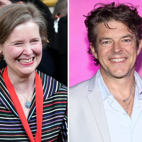 Ann Patchett appears at the 2021 National Humanities Medal ceremony at the White House in Washington on March 21, 2023, left, and film producer Jason Blum appears at the premiere of "M3GAN 2.0" in New York on June 24, 2025. (AP Photo)