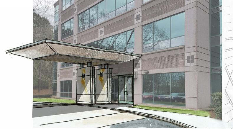 Photo illustration depicts the new patient pickup/drop-off area at 11315 Johns Creek Parkway, Johns Creek, an office building whose top two floors will be converted to a medical office with ambulatory surgery center. LYMAN DAVIDSON DOOLEY INC.