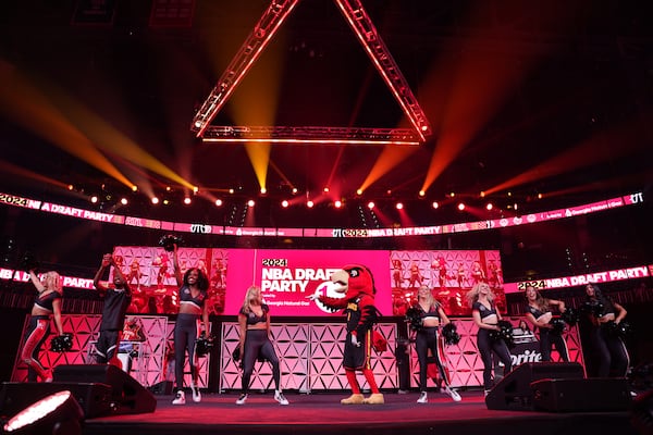 The Atlanta Hawks cheerleaders and Harry the Hawk perform during the Hawks Draft Viewing Party on Wednesday, June 26, 2024, in Atlanta, at State Farm Arena in Atlanta, Georgia. (Atlanta Journal-Constitution/Jason Allen)