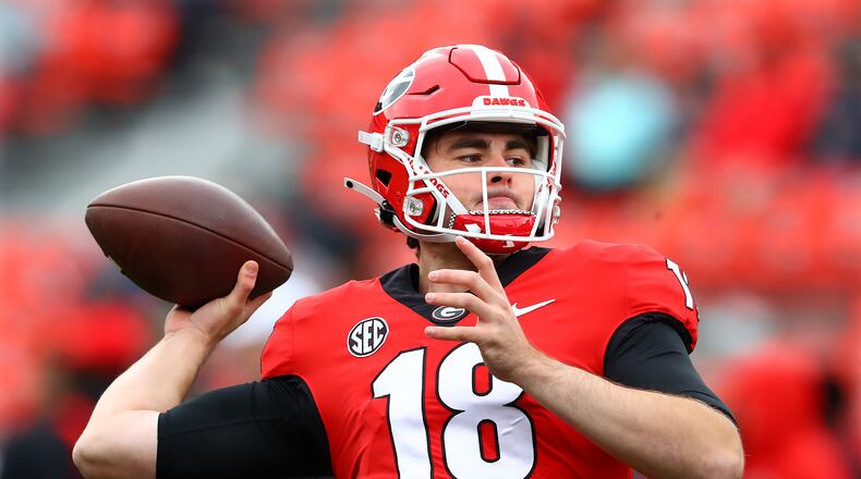 Georgia quarterback JT Daniels prepares to play Missouri in a NCAA college football game on Saturday, Nov. 6, 2021, in Athens.   “Curtis Compton / Curtis.Compton@ajc.com”