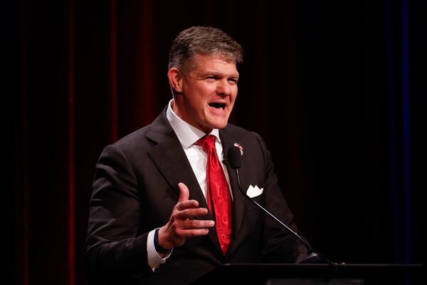 Republican candidate for governor Clark Dean, a commercial real estate executive, speaks at the Atlanta Press Club Loudermilk-Young debates at Georgia Public Broadcasting in Atlanta last week. (Arvin Temkar/AJC)