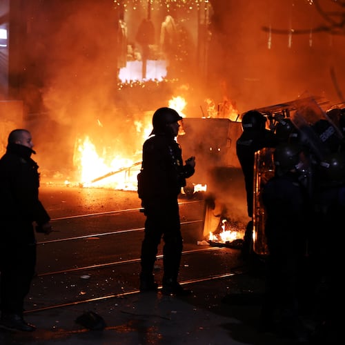 Police clash with protesters during a rally against austerity measures in next year's draft budget, in Sofia, Monday, Dec 1, 2025. (AP Photo/Valentina Petrova)