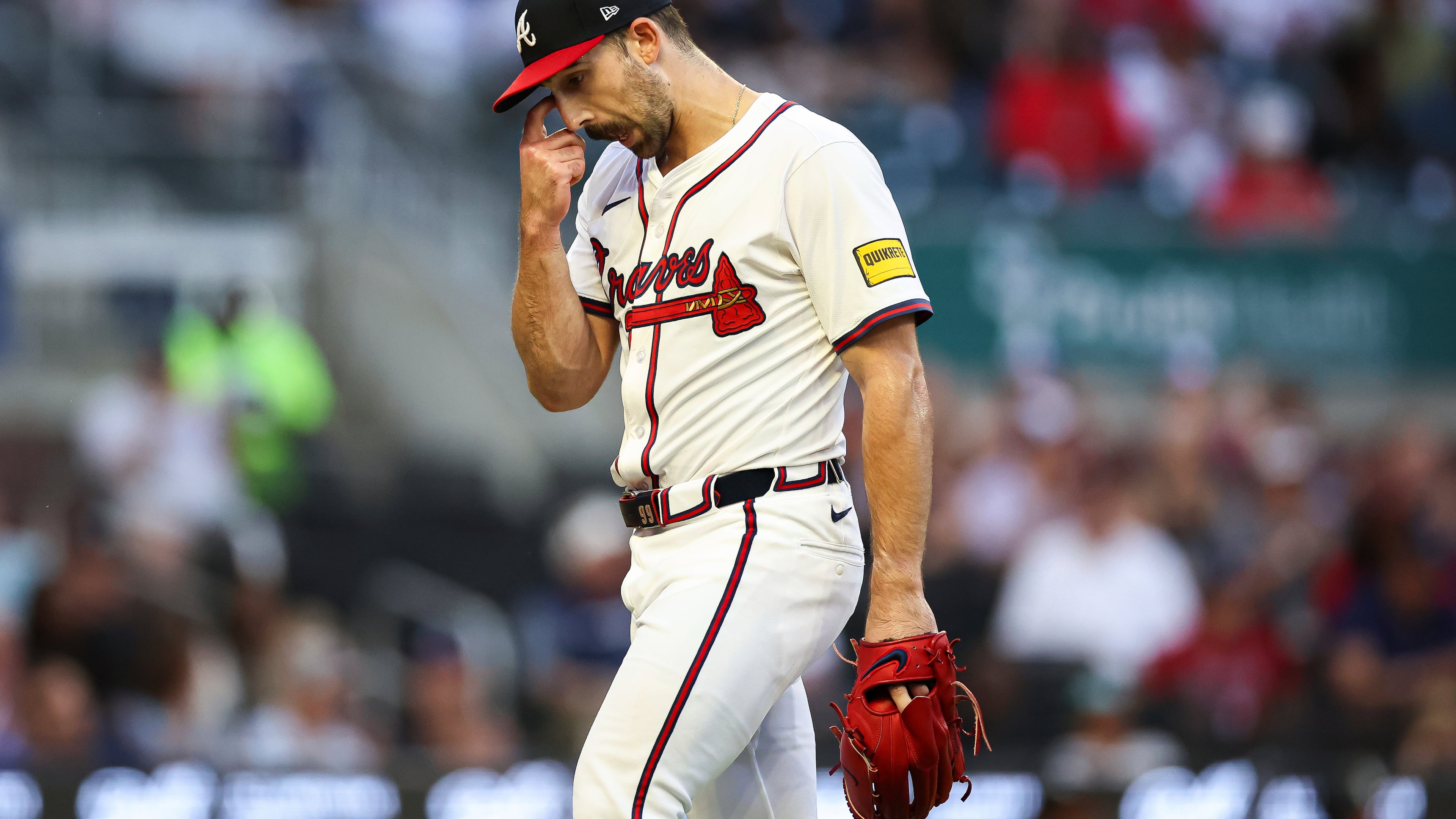 Atlanta Braves pitcher Spencer Strider reacts during the second inning of a baseball game against the Chicago White Sox, Monday, Aug. 18, 2025, in Atlanta. (AP Photo/Colin Hubbard)