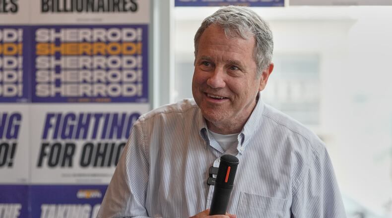 FILE - Democratic Ohio Senate candidate Sherrod Brown, a former three-term U.S. senator, speaks at a campaign event in Akron, Ohio, on July 16, 2026. (AP Photo/Sue Ogrocki, File)