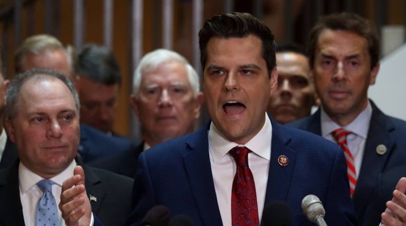 Florida Rep. Matt Gaetz, R-Florida, led a group of GOP lawmakers into a closed-door hearing by the House Intelligence Committee on Wednesday. (Alex Wong/Getty Images)