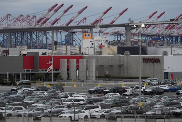 New Toyota vehicles are stored at the Toyota Logistics Service, their most significant vehicle imports processing facility in North America, at the Port of Long Beach in Long Beach, Calif., Wednesday, March 26, 2025. (AP Photo/Damian Dovarganes)