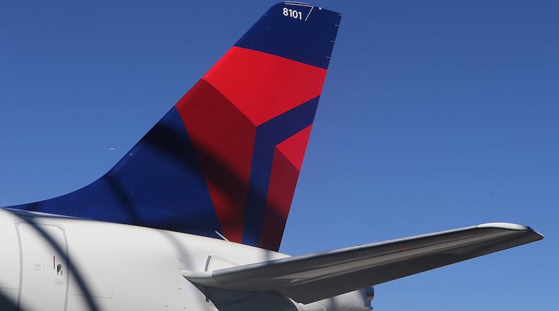 October 29, 2018 Atlanta: The tail section of the Delta new A220 aircraft is seen at the Delta Air Lines TechOps on Monday, Oct 29, 2018, in Atlanta. Curtis Compton/ccompton@ajc.com