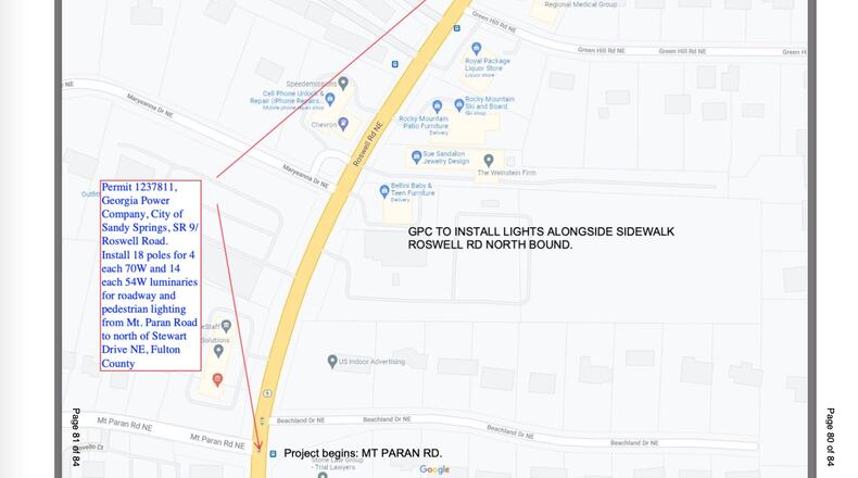 Sandy Springs is installing pedestrian lighting in the GDOT controlled right-of-way along this section of Roswell Road and the city accepts all responsibility for the maintenance and operation of the city-installed lighting. (Courtesy City of Sandy Springs)