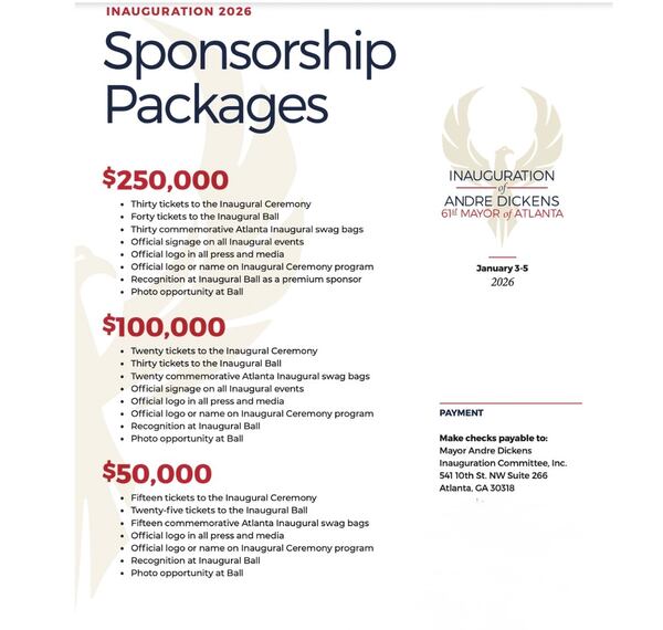 The top sponsorship packages to fund Andre Dickens inauguration events. (Screenshot)