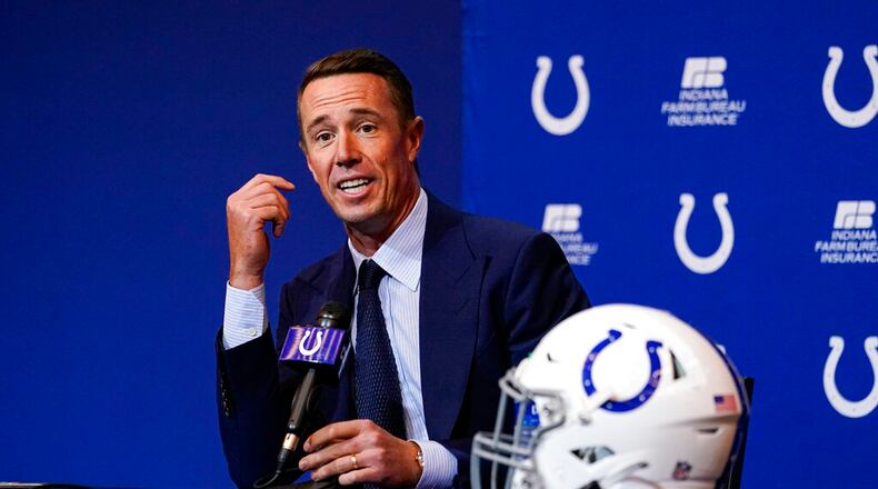 Colts quarterback Matt Ryan speaks during a news conference Tuesday at the NFL team's practice facility in Indianapolis. (AP Photo/Michael Conroy)