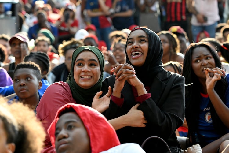 Morocco fans react as they gather to watch the match between Morocco vs. Haiti at the FIFA Fan Festival in Centennial Olympic Park on Wednesday, June 24, 2026, in Atlanta. (Hyosub Shin/AJC)