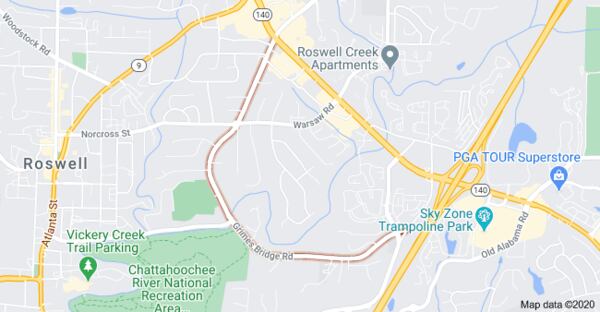 Grimes Bridge Road in Roswell loops west from near Georgia 400 to Holcomb Bridge Road. (Image from Google Maps)