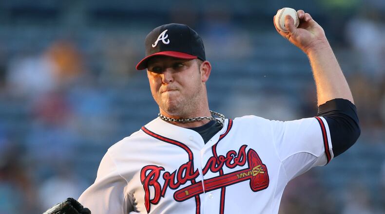 Braves Paul Maholm, making his 238th career start, delivers a pitch against the Cleveland Indians during the first inning on Wednesday, August 28, 2013, in Atlanta. CURTIS COMPTON / CCOMPTON@AJC.COM