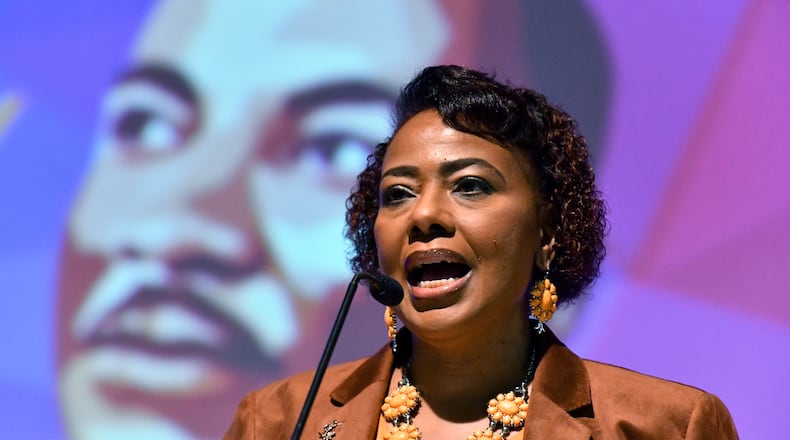 Bernice King, CEO of The Martin Luther King Jr. Center, speaks to members of the press during a press conference to unveil details of 2024 King Holiday Observance at The King Center, Thursday, December 4, 2024, in Atlanta. (Hyosub Shin / Hyosub.Shin@ajc.com)