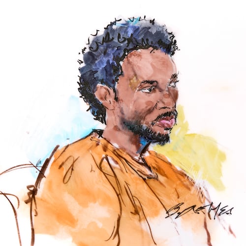 In this courtroom sketch, David Anthony Burke, whose stage name is D4vd, is seen in court Thursday, April 23, 2026, in Los Angeles on charges of killing a 14-year-old girl whose dismembered body was found in his car. (Bill Robles via AP)