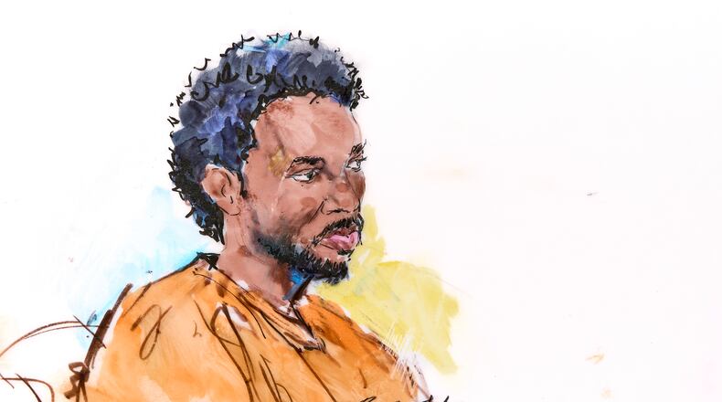 In this courtroom sketch, David Anthony Burke, whose stage name is D4vd, is seen in court Thursday, April 23, 2026, in Los Angeles on charges of killing a 14-year-old girl whose dismembered body was found in his car. (Bill Robles via AP)