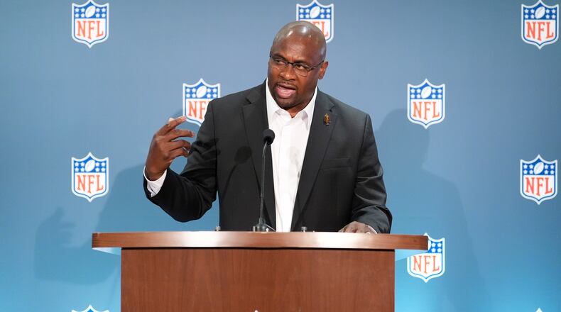 Troy Vincent speaks during a news conference at an NFL football owners meeting on Wednesday, Aug. 26, 2026, in Atlanta. (AP Photo/Brynn Anderson)