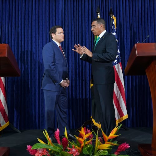 FILE - U.S. Secretary of State Marco Rubio, left, and Jamaica's Prime Minister Andrew Holness speak after giving a joint news conference at the office of the prime minister in Kingston, Jamaica, March 26, 2025. (Nathan Howard/Pool Photo via AP, File)