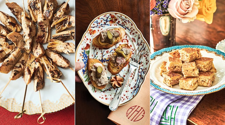 Dishes you can make ahead for your holiday party, from Alex Hitz's “Occasions to Celebrate: Cooking and Entertaining With Style” (Rizzoli, $45), include (from left) Artichoke Heart Skewers, Mary Louise’s Country Pate, and Mini Croque-Monsieurs. (Photos courtesy of Iain Bagwell)