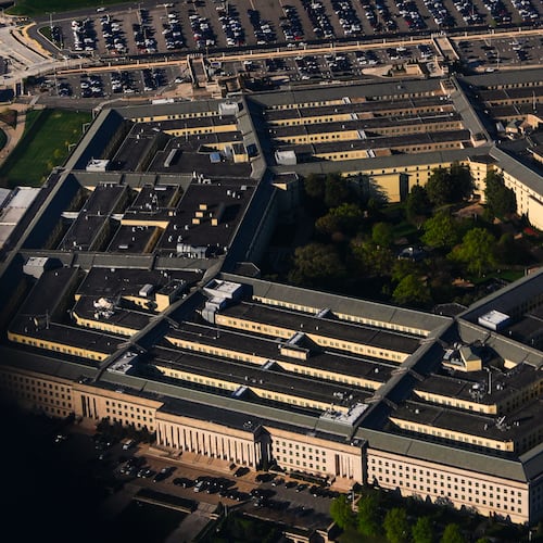 The Pentagon is seen from an airplane, Tuesday, April 7, 2026, in Washington. (AP Photo/Julia Demaree Nikhinson)