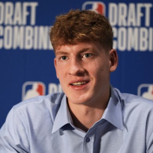 Kasparas Jakucionis talks to media at the 2025 NBA basketball draft combine in Chicago, May 14, 2025. (Nam Y. Huh/A)