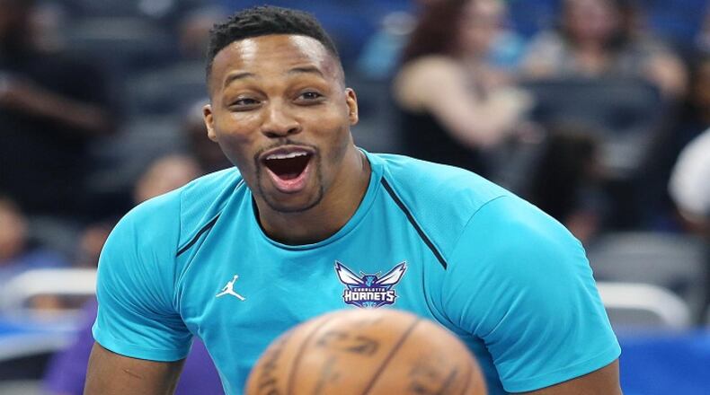 The Charlotte Hornets' Dwight Howard before the start of play against the Orlando Magic at the Amway Center in Orlando, Fla., on Friday, April 6, 2018. (Stephen M. Dowell/Orlando Sentinel/TNS)