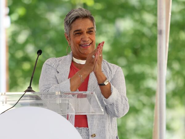 Camille Russell Love — pictured during a ceremony unveiling a statue and mural in honor of Hank Aaron in 2022 — served as director of the Atlanta Mayor’s Office of Cultural Affairs for more than 25 years. (Jason Getz/AJC 2022)