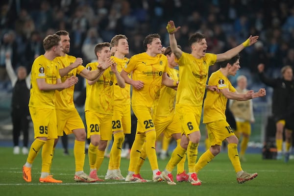 Glimt players reacts during penalty shootout during the Europe League quarter final second leg match between Lazio and Bodo Glimt in Rome, Italy, Thursday, April 17, 2025. (AP Photo/Alessandra Tarantino)