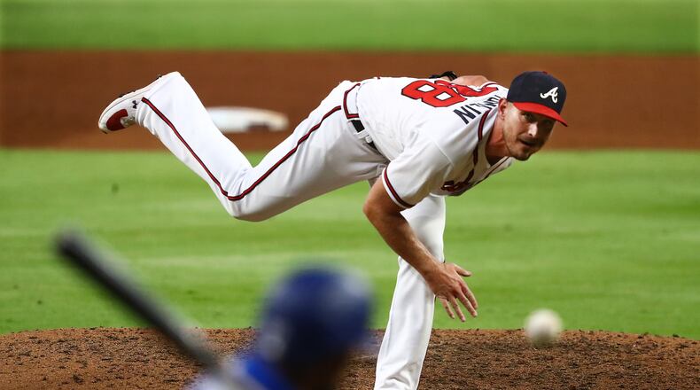 080520 Atlanta: Atlanta Braves Josh Tomlin delivers a pitch against the Toronto Blue Jays during the fifth inning in a MLB baseball game on Wednesday, August 5, 2020 in Atlanta.    Curtis Compton ccompton@ajc.com