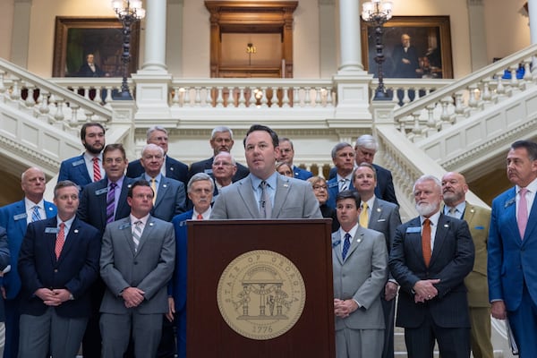 Lt. Gov. Burt Jones speaks during a press conference about the Senate Republican Caucus' priorities for the legislative session. (Arvin Temkar / arvin.temkar@ajc.com)