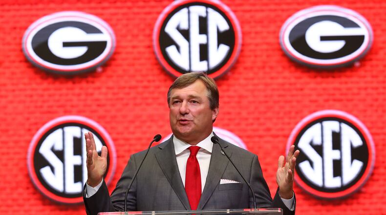 Georgia coach Kirby Smart speaks at SEC Media Days in the College Football Hall of Fame on Wednesday, July 20, 2022, in Atlanta. “Curtis Compton / Curtis Compton@ajc.com”