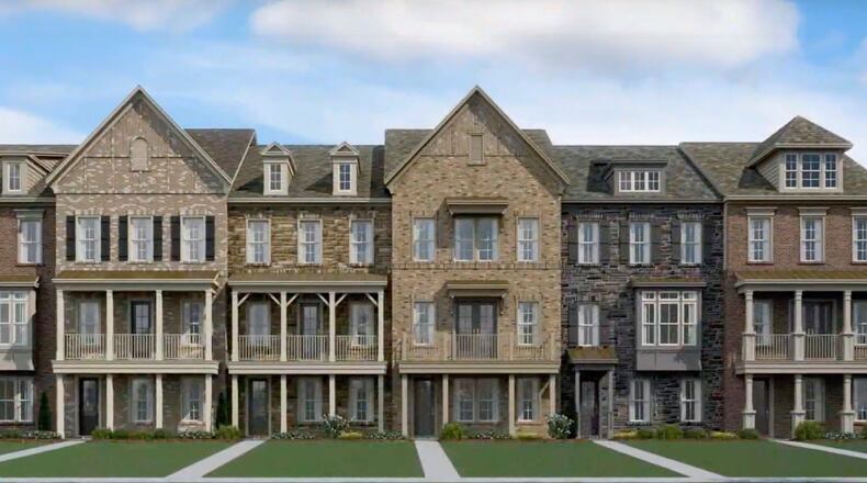 The first five of 72 planned townhomes adjacent to the Peachtree Corners Town Green are now under construction. (Courtesy Lennar)