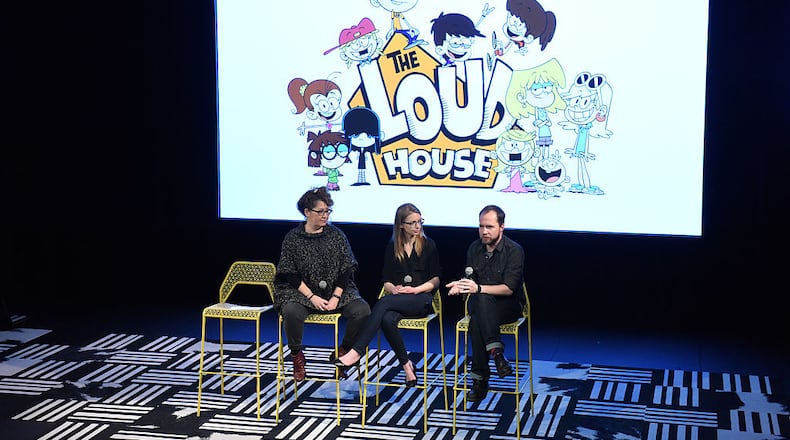 From left, producer Karen Malach, writer Karla Sakas Shropshire and executive producer Chris Savino speak during "The Loud House" event presented by Nickelodeon n 2016. Savino was fired from the show after allegations of sexual harassment surfaced.