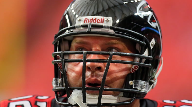 Former Falcons center Todd McClure was inducted into the Falcons’ Ring of Honor on Sunday after 14 seasons with the team. He became the 12th member of the Ring of Honor. (CURTIS COMPTON / CCOMPTON@AJC.COM)