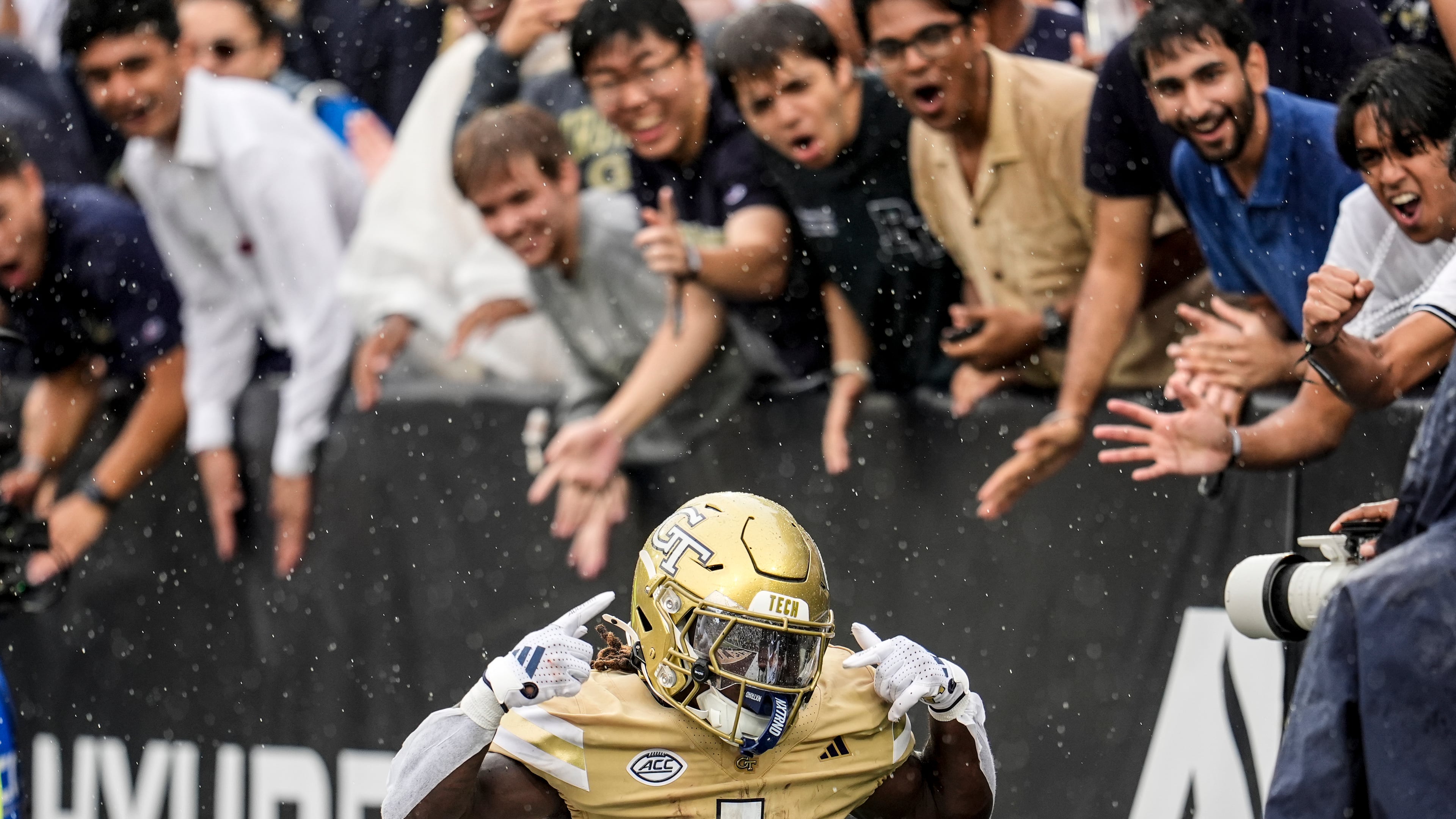 Georgia Tech running back Jamal Haynes (1) celebrtaes his touchdown against the Gardner-Webb during the first half of an NCAA college football game, Saturday, Sept. 6, 2025, in Atlanta. (Mike Stewart/AP)