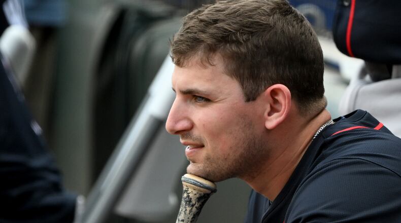 Atlanta Braves third base Austin Riley watches as pitcher Grant Holmes throws a live batting practice session during the first full-squad spring training workouts at CoolToday Park, Tuesday, February 18, 2025, North Port, Florida. (Hyosub Shin / AJC)