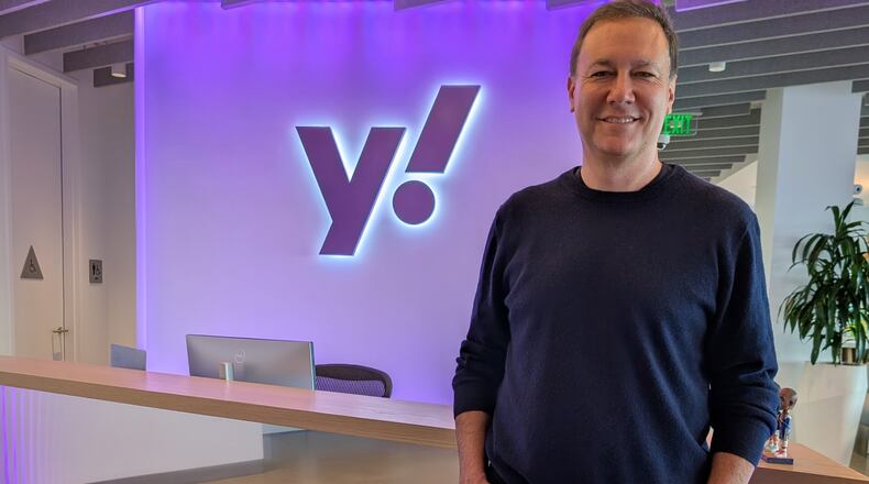 Yahoo CEO Jim Lanzone poses for a photo on Feb. 24, 2026 in Yahoo’s San Francisco office. (AP Photo/Michael Liedtke)