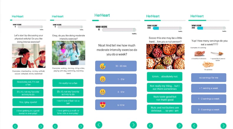 A sample of quiz questions users answer about their heart health and behaviors on the HerHeart app. (Courtesy of Emory University)
