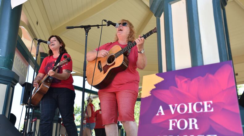 August 17, 2019 Decatur - The Indigo Girls performs during Recess Rally at Decatur Square on Saturday, August 17, 2019. Gun control groups held rallies in all 50 states this weekend to urge the Senate to pass universal background checks, and a strong Red Flag law.Organized by Moms Demand Action and Students Demand Action. (Hyosub Shin / Hyosub.Shin@ajc.com)