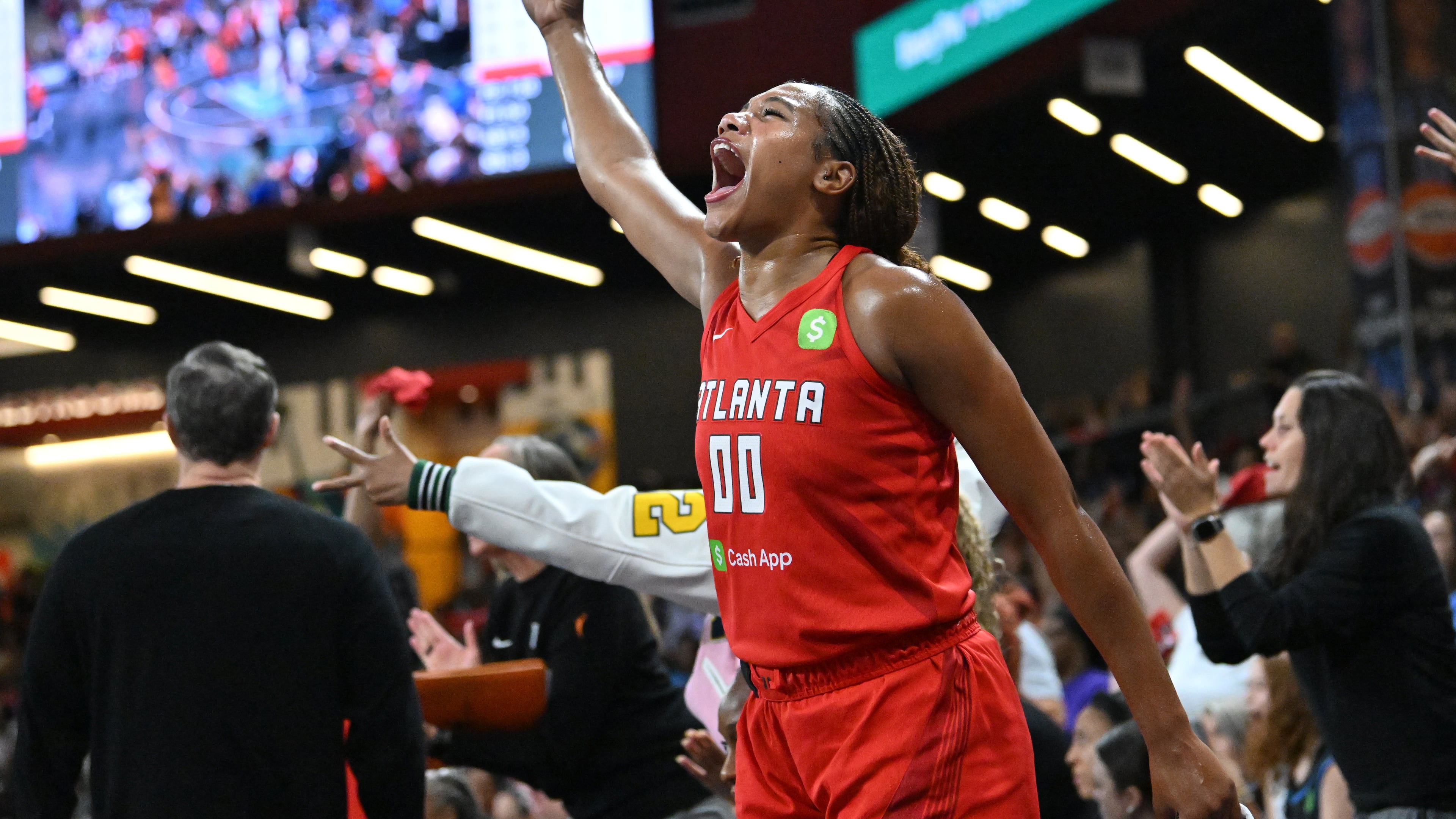 Atlanta Dream forward Naz Hillmon reacts during the first half in a WNBA basketball game at Gateway Center Arena, Saturday, Aug. 23, 2025, in Atlanta. (Hyosub Shin/AJC)