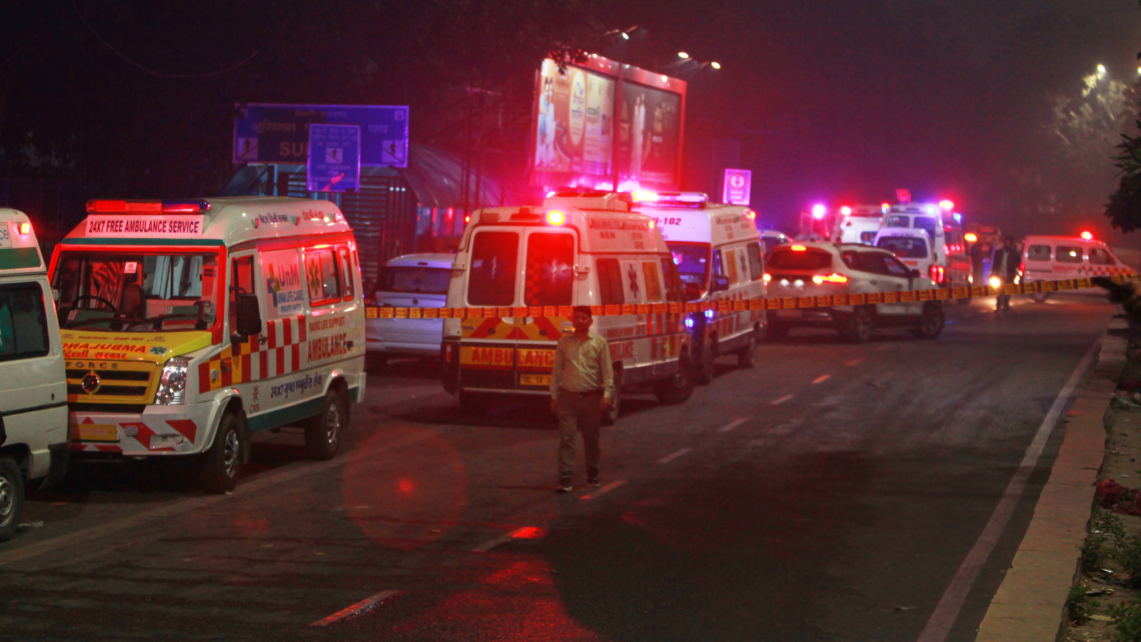 Ambulances are lined up at the scene after a car explosion near the historic Red Fort in New Delhi, India, Monday, Nov. 10, 2025. (AP Photo)