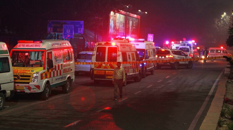 Ambulances are lined up at the scene after a car explosion near the historic Red Fort in New Delhi, India, Monday, Nov. 10, 2025. (AP Photo)