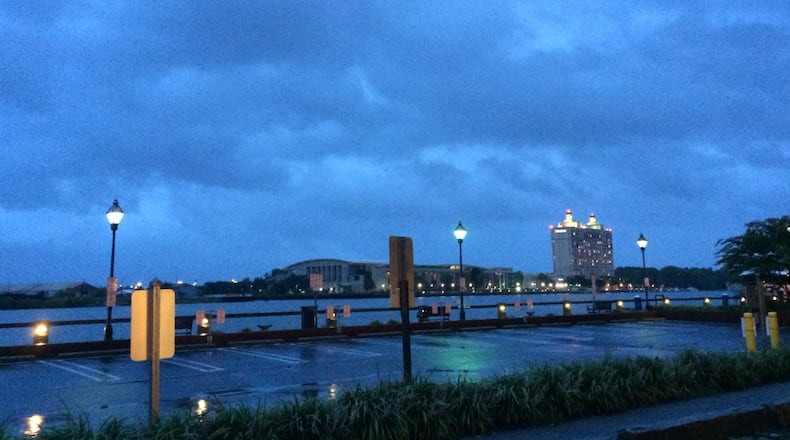 A view of the morning sky over River Street in Savannah on Friday as Tropical Storm Hermine approaches. JOSHUA SHARPE / JOSHUA.SHARPE@AJC.COM