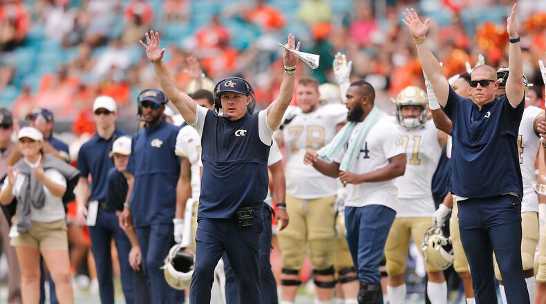 MIAMI, FLORIDA - OCTOBER 19:  Head coach Geoff Collins of the Georgia Tech Yellow Jackets reacts after a field goal against the Miami Hurricanes during overtime at Hard Rock Stadium on October 19, 2019 in Miami, Florida. (Photo by Michael Reaves/Getty Images)