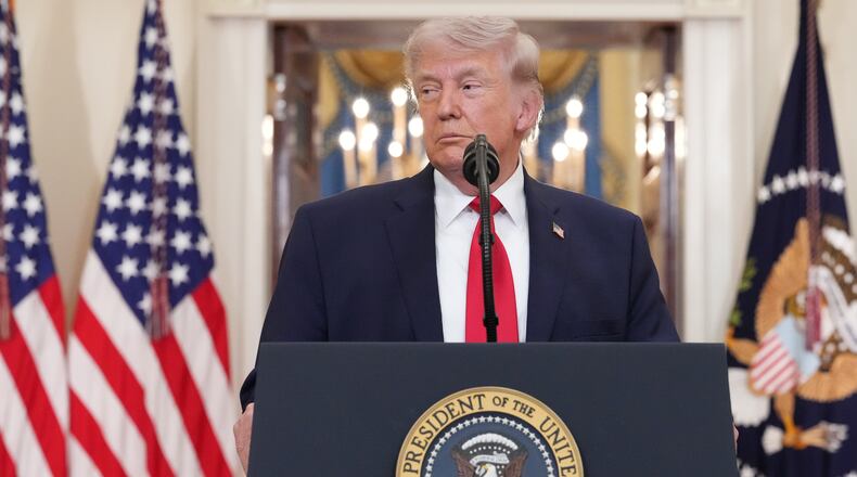 President Donald Trump pauses as he finishes speaking about the Iran war from the Cross Hall of the White House on Wednesday, April 1, 2026, in Washington. (AP Photo/Alex Brandon, Pool)