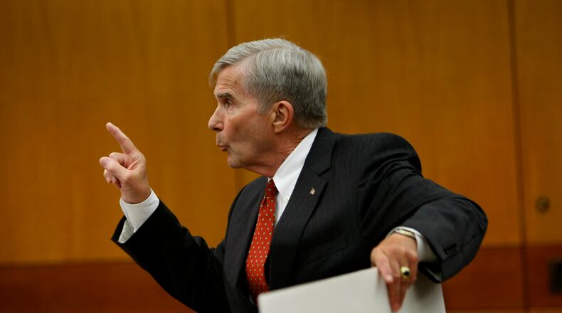 100507 - Atlanta - Attorney Michael Bowers present his case for Gwinnett County Friday. A legal battle over money and power that has pitted seven Georgia school districts against the state and three charter schools began Friday, May 7, 2010 in Fulton County Court without the students who came to see the action. Acting on the judge's orders, a bailiff in the courtroom of Fulton Superior Court Judge Wendy L. Shoob ejected the group of 14 students before the proceedings began. Some children had traveled four hours to get a live lesson in social studies and law. The judge has a standing order in all cases that kids of school age should be at school not at the courthouse, explained Bruce Brown, a lawyer representing the charter schools named in the lawsuit, Ivy Prep Academy, Heron Bay Academy and Charter Conservatory for Liberal Arts & Technology or CCAT. The disappointed students filed out of the courtroom respectfully with shoulders slumped. John Spink, jspink@ajc.com In 2010, former Attorney General Michael Bowers argued the constitutionality of the state’s charter school commission, representing Gwinnett County. He won the case, which was ultimately decided by the Georgia Supreme Court. John Spink, jspink@ajc.com